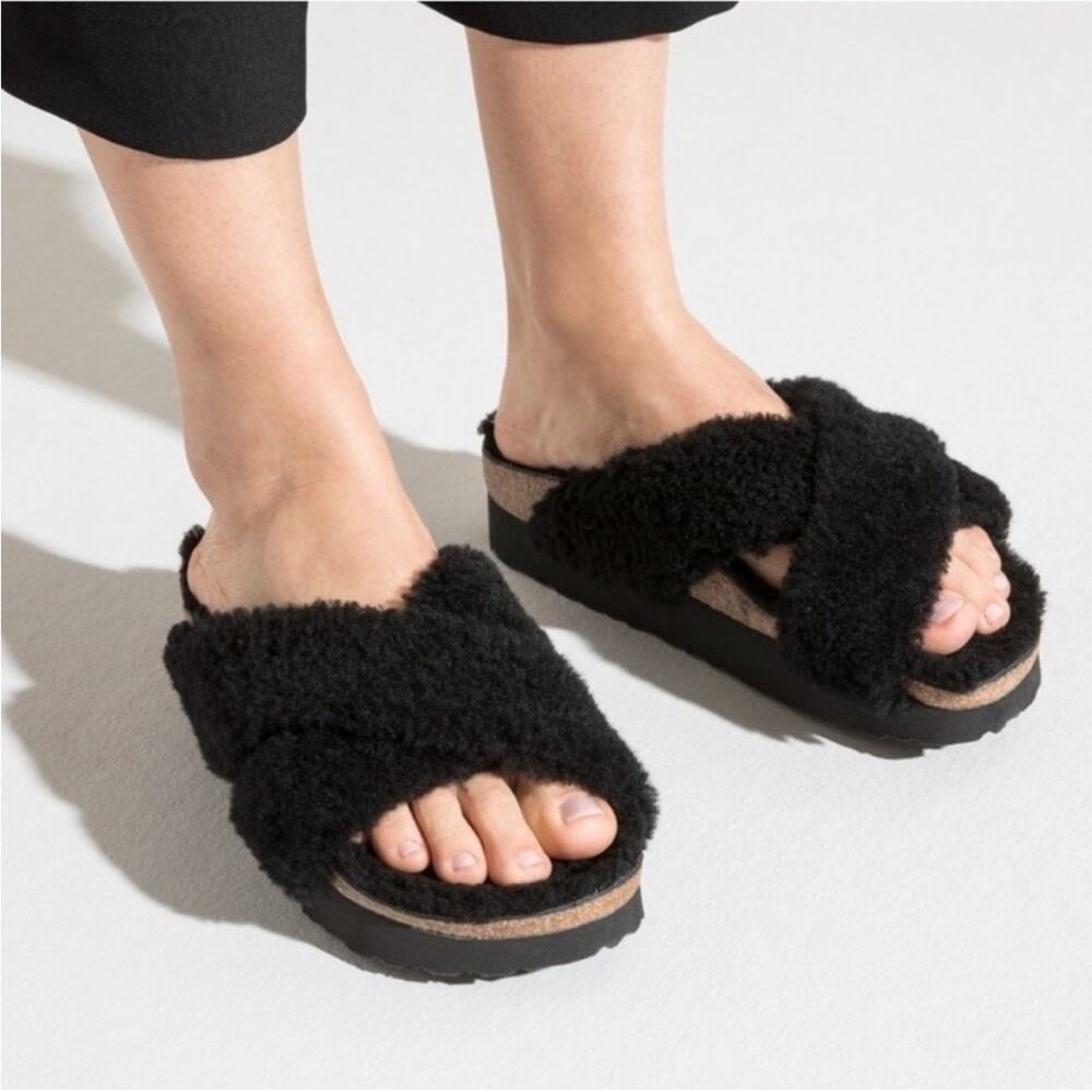Birkenstock Black Shearling Cross Cork Papillo Daytona Platform Slide Sandal 5